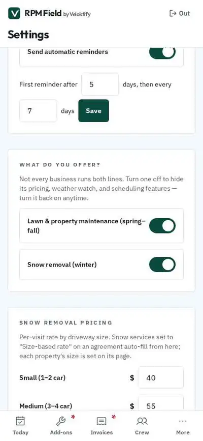 RPM Field Settings screen with What do you offer toggles for lawn and snow removal