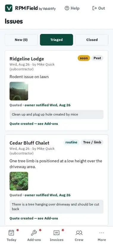 RPM Field issues list showing crew-logged site issues with photos, urgency tags and owner-notified timestamps