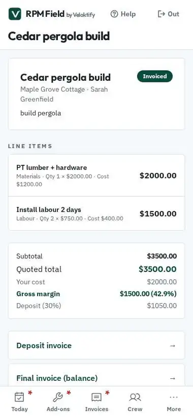 RPM Field project job quote showing labour and materials line items, gross margin and deposit invoice