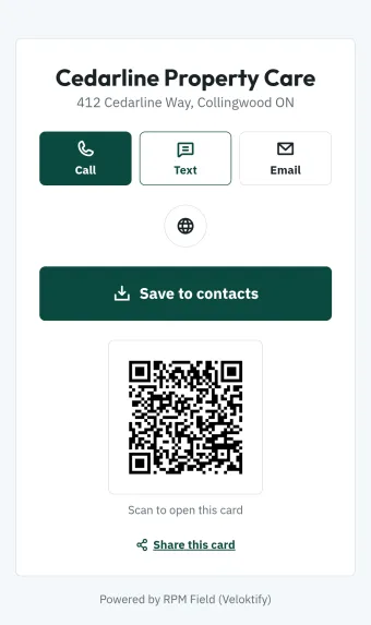 Public business card with call, text, save to contacts and QR code