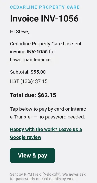 Invoice email for lawn maintenance showing subtotal, HST and total with a View and pay button