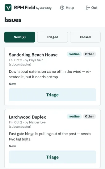 Site issues logged by crew, ready to triage