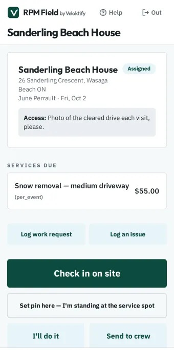 Job sheet with access notes, check-in and send to crew