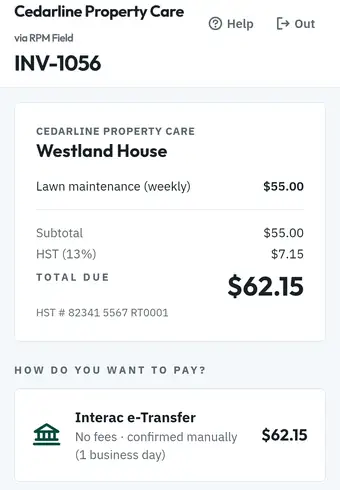 Customer pay page with the invoice, HST and Interac e-Transfer option