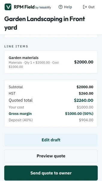 Project quote with materials line, your cost and live gross margin