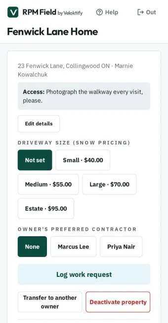 Property setup with driveway size for snow pricing and a preferred contractor