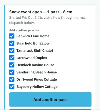 Open snow event with another pass for selected driveways